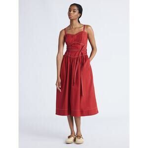 Free Assembly Red Sweetheart Corseted Belted Cotton Utility Midi Sundress L NEW